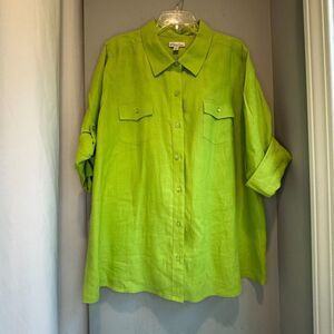 Kim Rogers Women's Green Crisp Linen Button Down Shirt 3X | Excellent ConditIon
